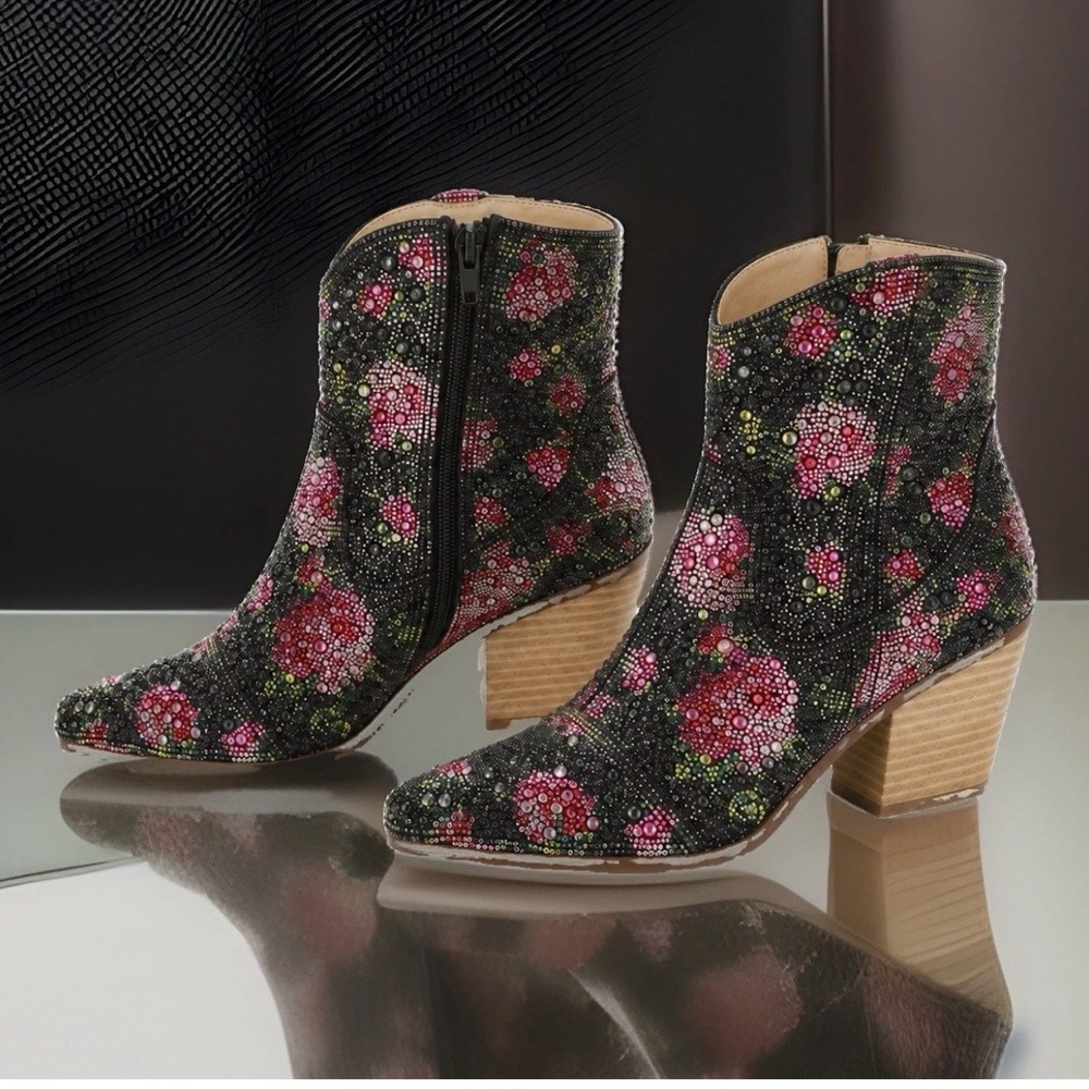 Betsy Johnson Candy Rhinestones Pink Black Floral Ankle Boots Size 8.5